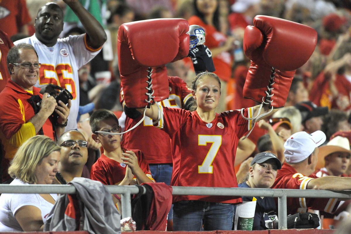 August 24, 2012; Kansas City, MO, USA; A Kansas City Chiefs fan shows her support in the first half of the game against the Seattle Seahawks at Arrowhead Stadium. Seattle won the game 44-14. Mandatory Credit: Denny Medley-US PRESSWIRE