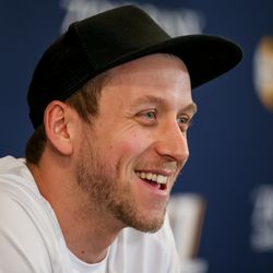 Utah Jazz forward Joe Ingles talks to journalists at the Zions Bank Basketball Center in Salt Lake City on Wednesday, May 9, 2018.