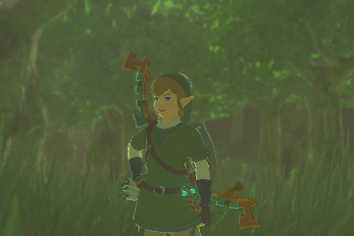 Link wears the Sky Armor while standing in grass in Zelda Tears of the Kingdom.