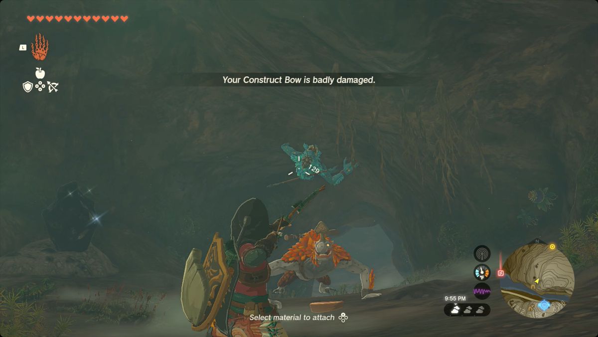 The Legend of Zelda: Tears of the Kingdom Link entering Dueling Peaks Cave North and aiming a bow at a pair of Horriblins.