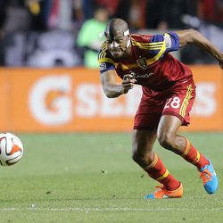 RSL's Chris Schuler goes after the ball as Real Salt Lake and the Los Angeles Galaxy play Saturday, Nov. 1, 2014, at Rio Tinto Stadium in Sandy.