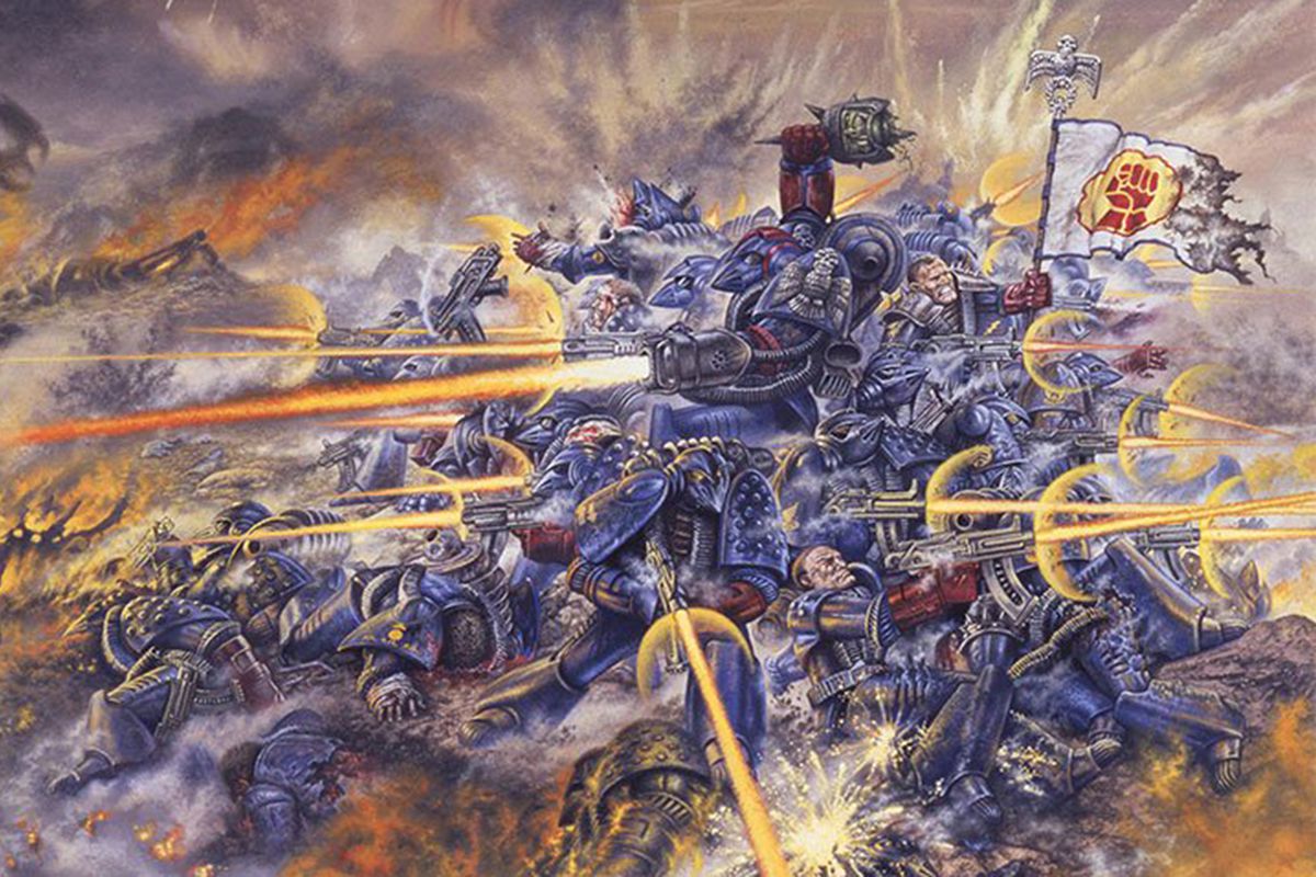 The Crimson Fist Space Marines make a valiant last stand against a wave of orks on the cover of Rogue Trader, the very first Warhammer 40,000 rulebook, published in 1987.