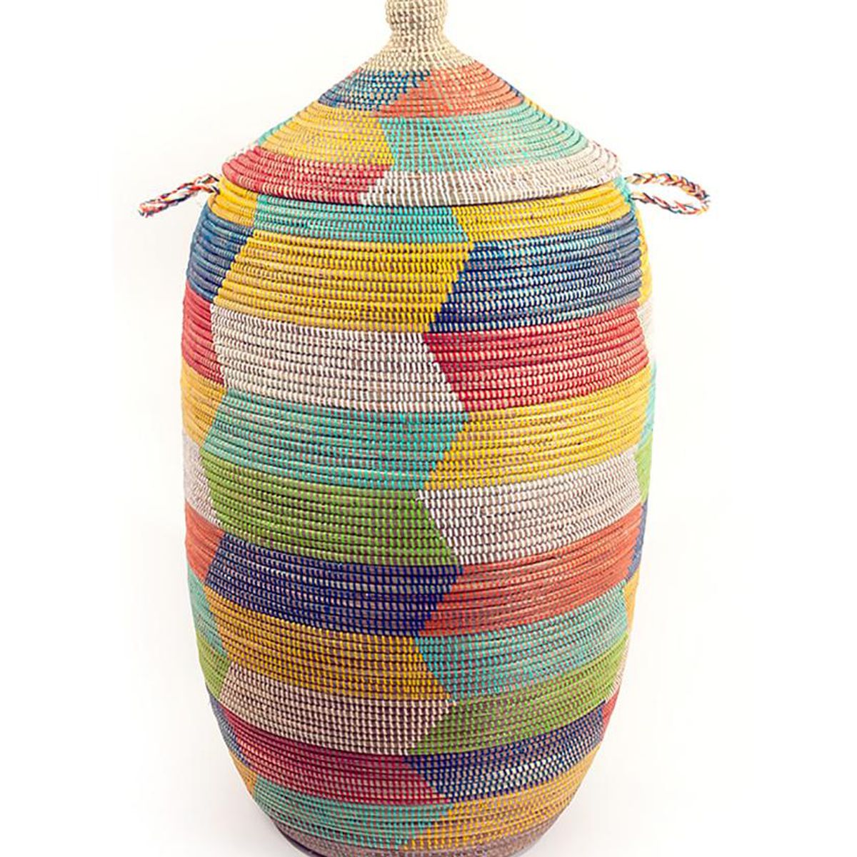 A tall basket with lid woven from multi-color reed