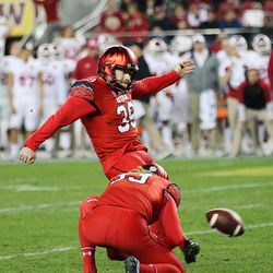 Utah Utes place-kicker Andy Phillips (39) kicks the game winner as the Utes go on to defeat the Hoosiers in the Foster Farms Bowl in Santa Clara, California, on Wednesday, Dec. 28, 2016.