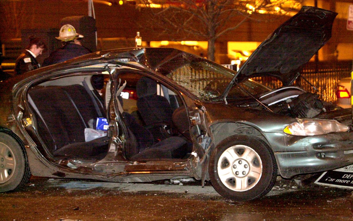 One of the cars involved in a pin-in accident at the intersection of Madison and Des Plaines streets, where Qing Chang was killed during a police pursuit in January 2003.
