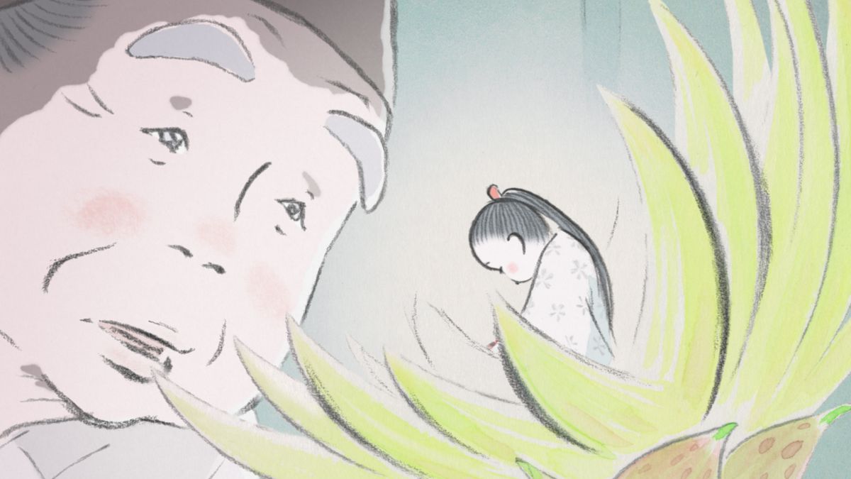 A vast face looks down on a miniature princess in The Tale of the Princess Kaguya