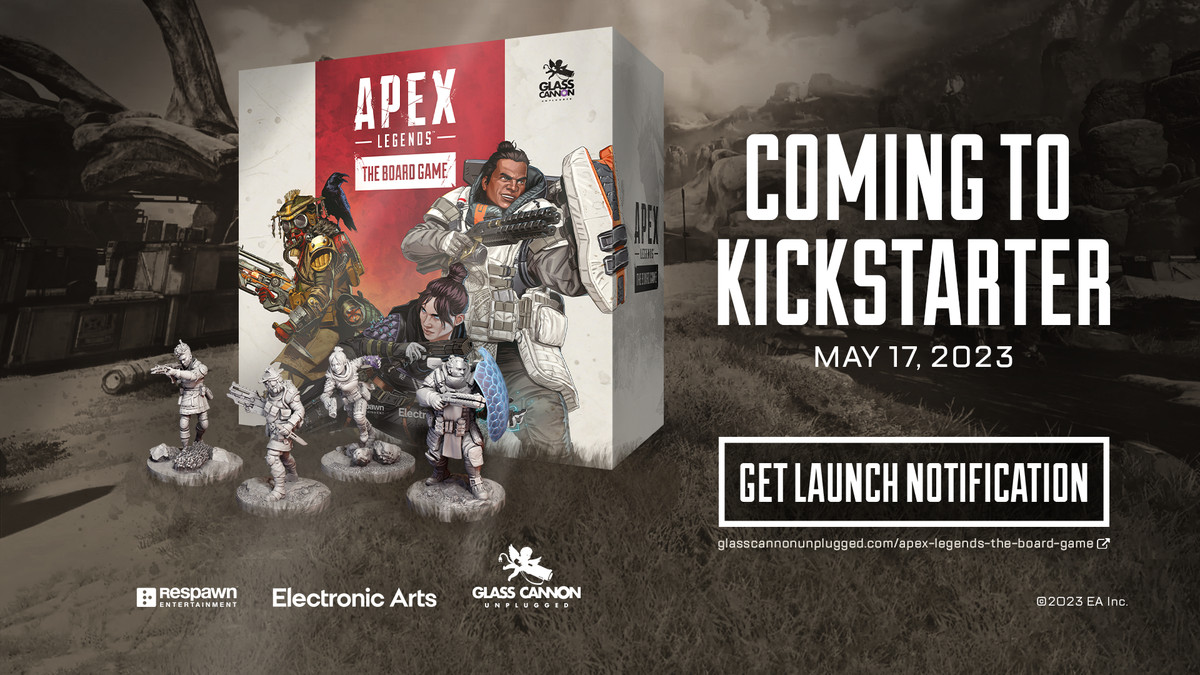 A promotional image for Apex Legends: the Board Game. Text says the game is coming to Kickstarter on May 17, 2023. Image shows the game’s box and four miniature figurines used in play.