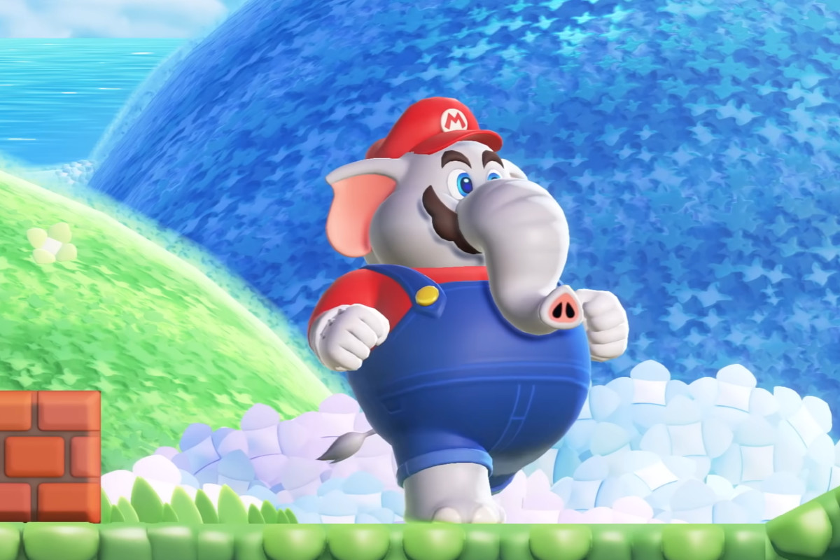 Elephant Mario, a bipedal elephant man with Mario’s iconic mustache, cap, and overalls, in the upcoming game Super Mario Bros. Wonder