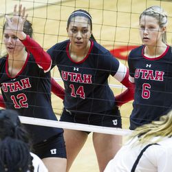Utah hitters Berkeley Oblad (12), Adora Anae (14) and Emma Kirst (6) watch a Colorado player prepare to serve the ball during an NCAA women's volleyball match at the Huntsman Center in Salt Lake City on Friday, Nov. 25, 2016. Utah dropped its home finale to Colorado 3-2.