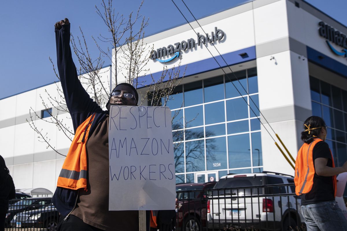 Rakyle Johnson, a sorter, joins about a dozen fellow Amazon workers in a walkout and protest on Wednesday, April 7, 2021 to demand better working conditions at the online retailer’s Gage Park facility, 3507 W. 51st St.