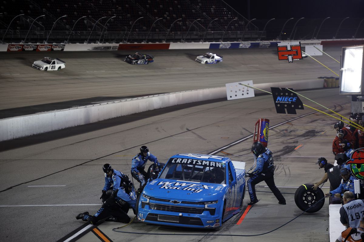 Ross Chastain, driver of the #41 Worldwide Express Chevrolet, pits during the NASCAR Craftsman Truck Series Buckle Up South Carolina 200 at Darlington Raceway on May 12, 2023 in Darlington, South Carolina.