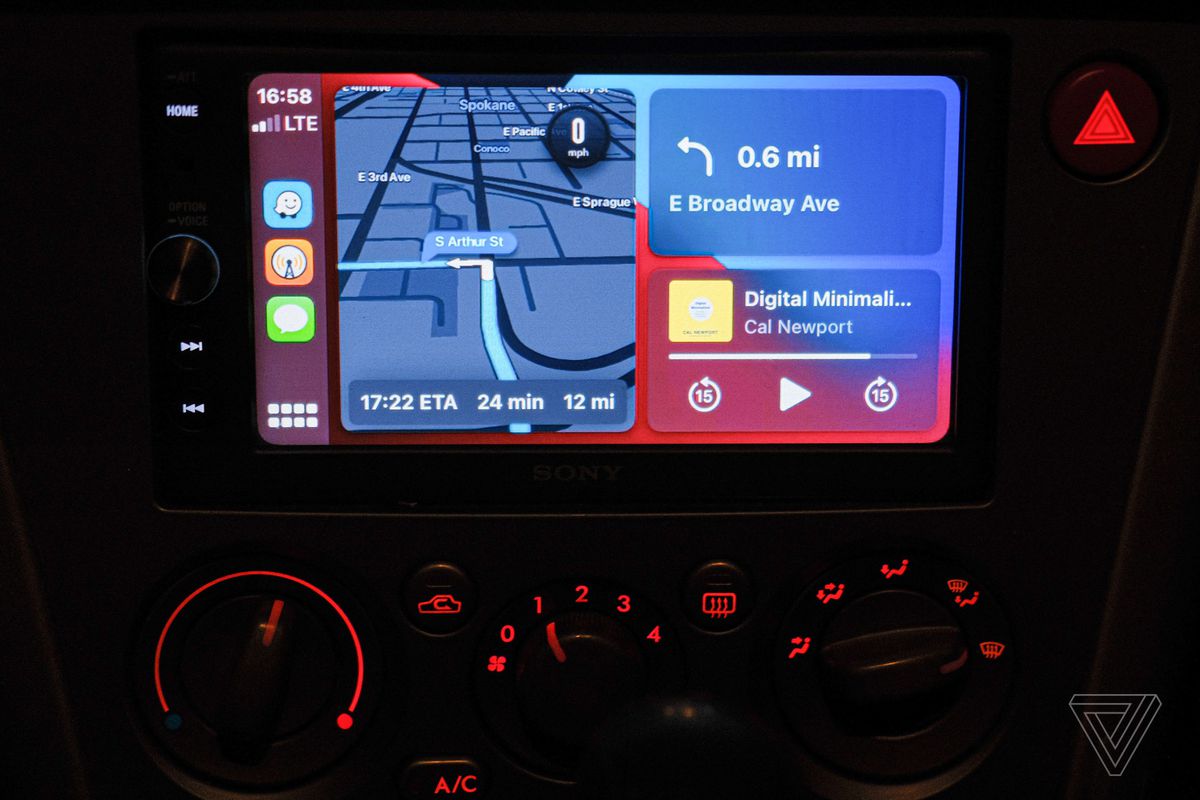 A photo showing CarPlay Dashboard with Waze showing directions