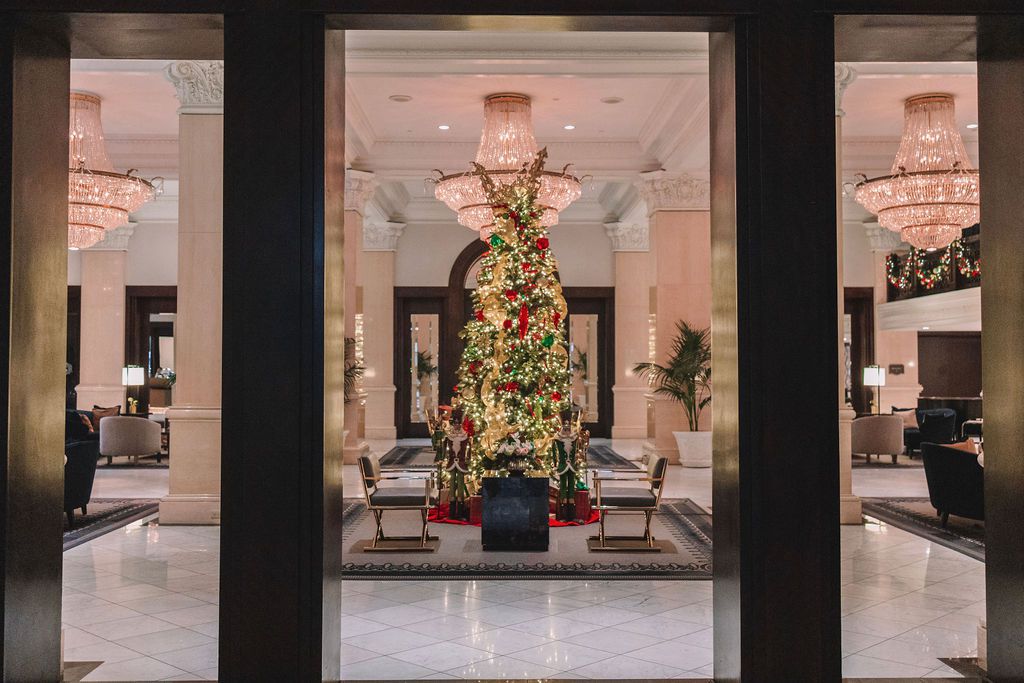 A Christmas Tree in a hotel lobby.