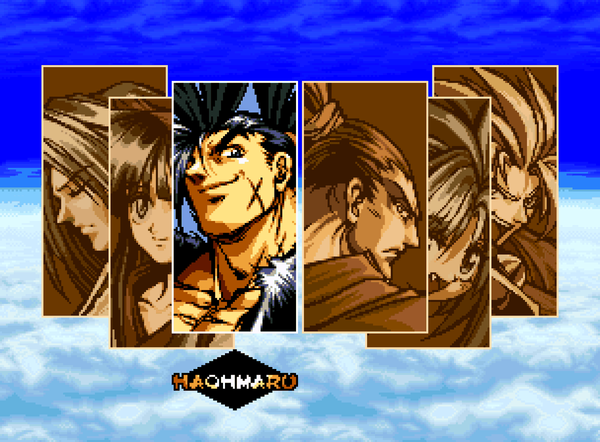 A pixelated character select screen with a samurai named Haohmaru selected.