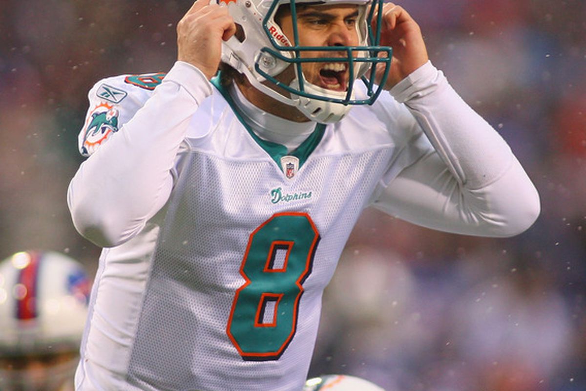 ORCHARD PARK, NY - DECEMBER 18:  Matt Moore #8 of the Miami Dolphins calls signals against the Buffalo Bills at Ralph Wilson Stadium on December 18, 2011 in Orchard Park, New York. Miami won 30-23.  (Photo by Rick Stewart/Getty Images)