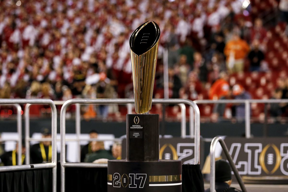 A general view of The College Football Playoff National Championship Trophy presented by Dr Pepper after the 2017 College Football Playoff National Championship Game between the Alabama Crimson Tide against the Clemson Tigers at Raymond James Stadium on January 9, 2017 in Tampa, Florida.