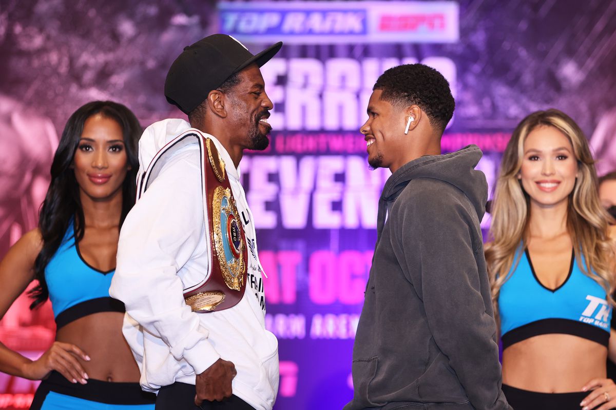 Jamel Herring and Shakur Stevenson face each other at their press conference.