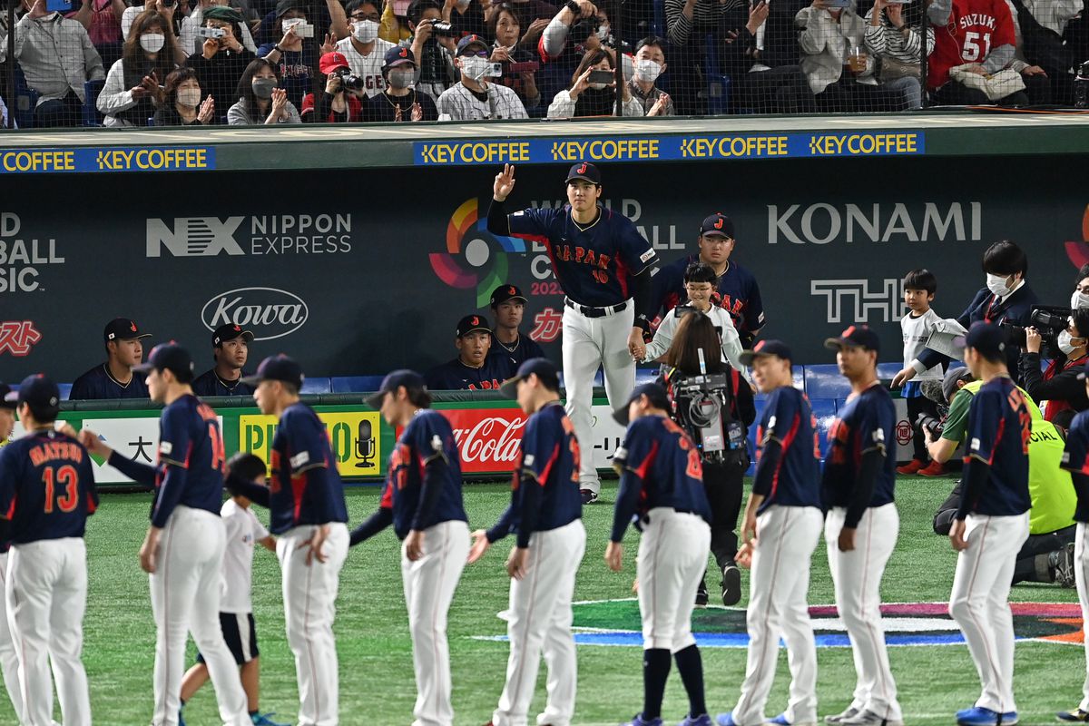 Shohei Ohtani of Japan is introduced prior to the World Baseball Classic Pool B game between Japan and Australia at Tokyo Dome on March 12, 2023 in Tokyo, Japan.