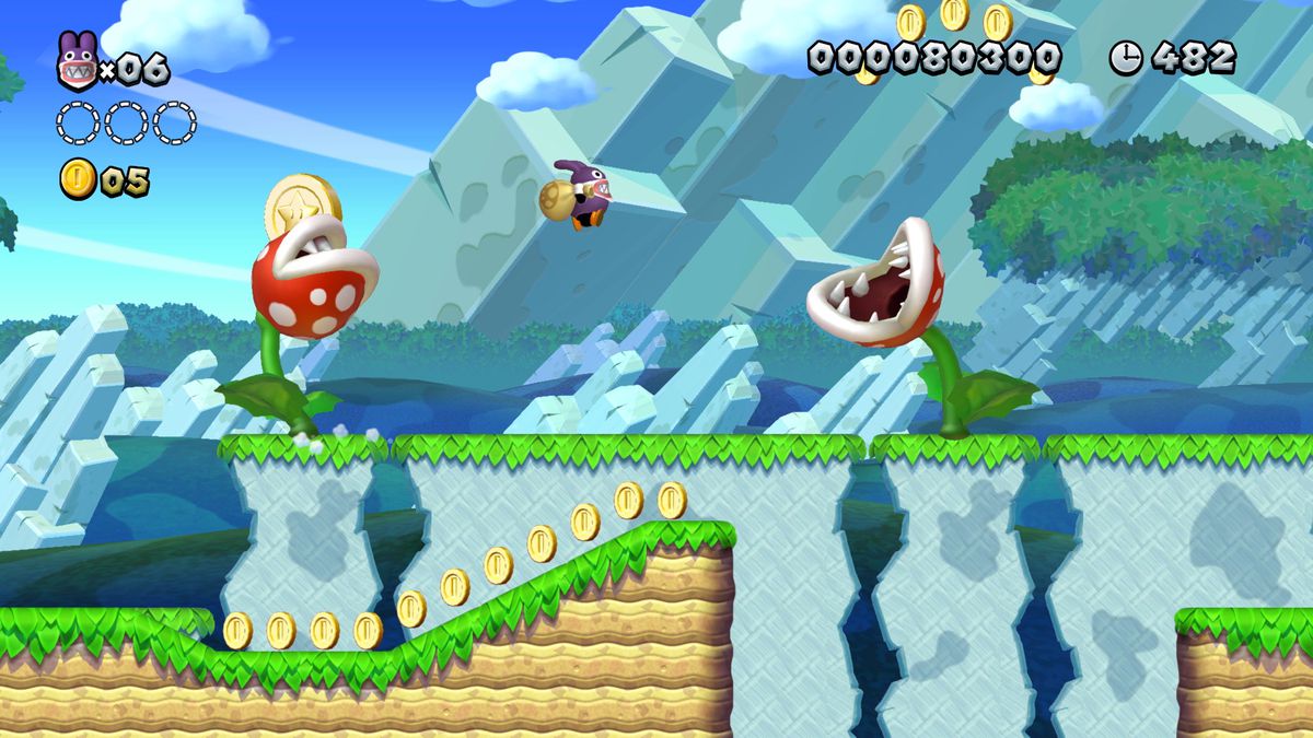 Nabbit hops above piranha plants in New Super Mario Bros. U Deluxe