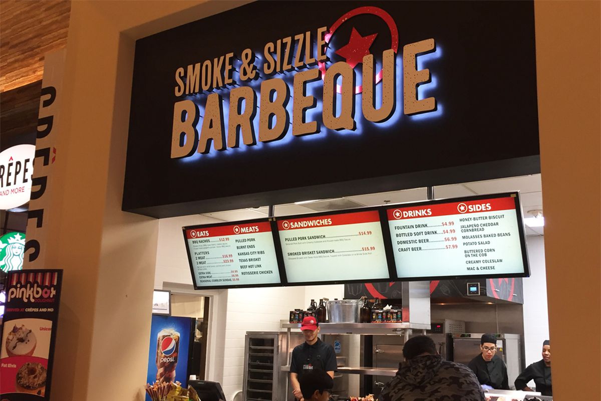 The counter at Smoke &amp; Sizzle Barbecue﻿, now open at the Caesars Palace Forum Food Court.