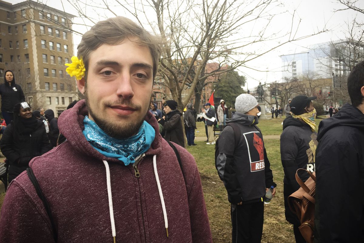 Shane Kelly, 23, protesting President Trump’s Inauguration