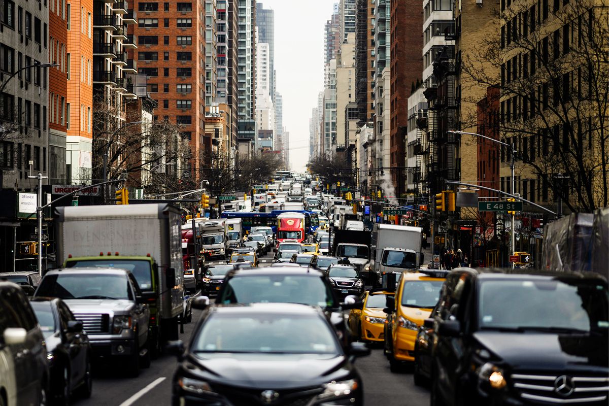 Traffic moves slowly on 2nd Avenue in New York City. In an effort to ease traffic delays and fund public transportation, New York City has passed a plan for congestion pricing for all vehicles traveling into Manhattan south of 61st Street.&nbsp;