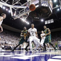 BYU's #0 Brandon Davies watches as the ball flies out of bounds as BYU and Baylor play Saturday, Dec. 17, 2011 in the Marriott Center in Provo.