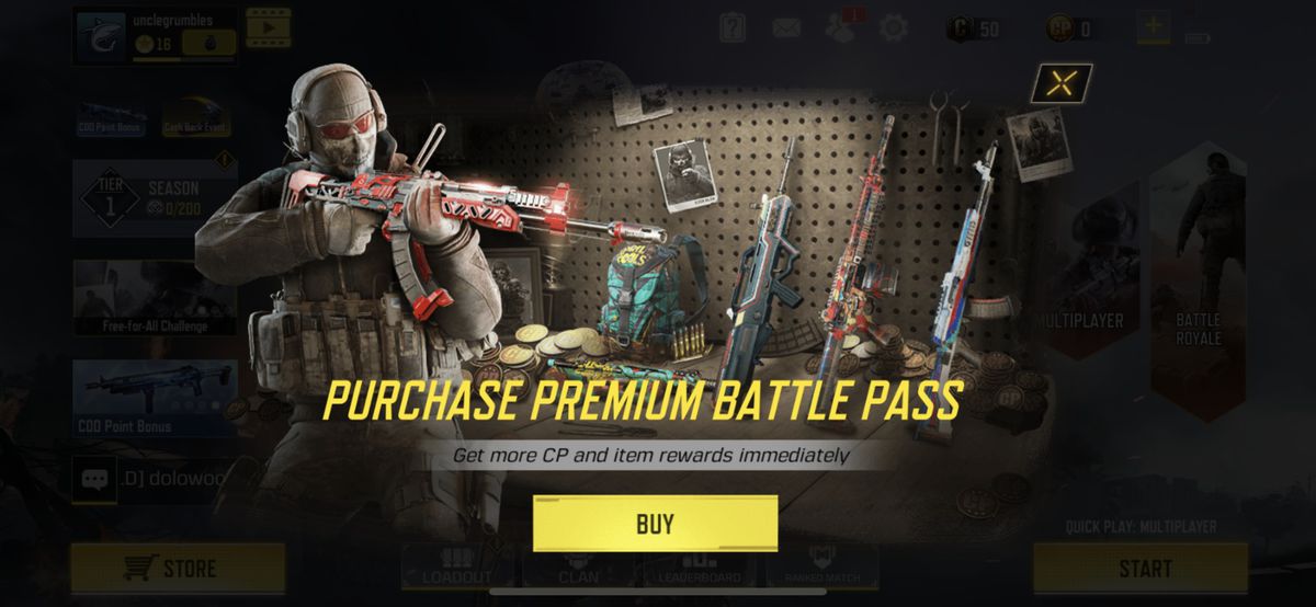 Call of Duty: Mobile shows an advertisement to buy the premium battle pass