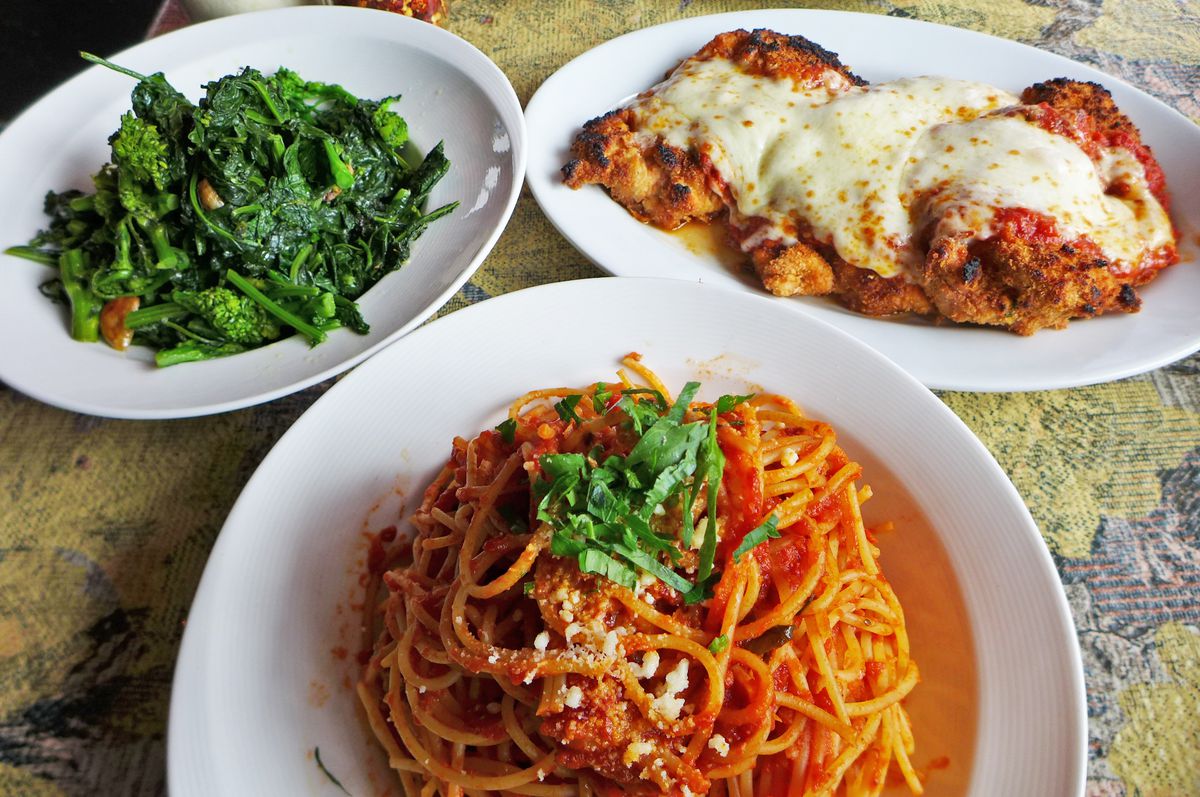 Broccoli rabe, spaghetti and meatballs, breaded veal cutlets.