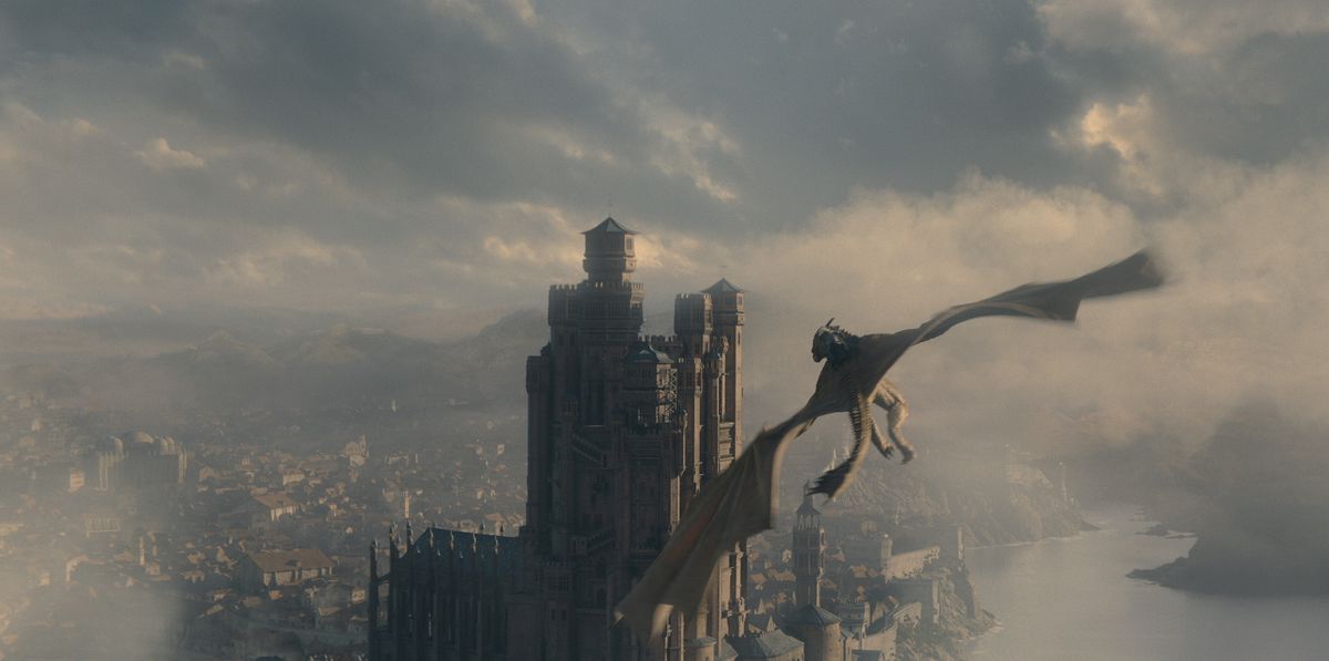 A dragon flying over a Game of Thrones city