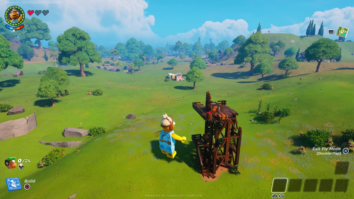 A Lego Fortnite character finds some chests near a watchtower in one of the best seeds in Lego Fortnite.