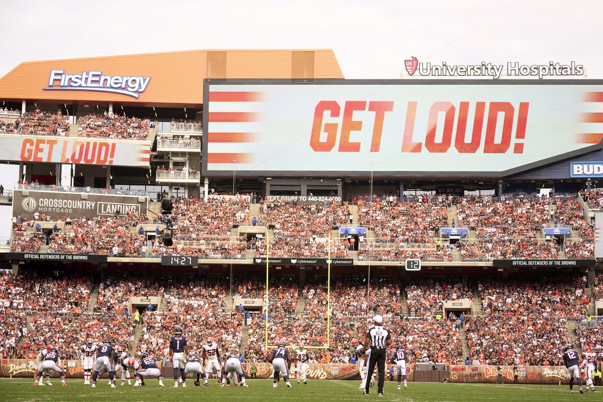 Football: View of scoreboard above stands of FirstEnergy Stadium that reads GET LOUD! during Cleveland Browns in action vs Chicago Bears. Cleveland, OH&nbsp;