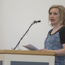 Paige Norton, of the Salt Lake County Farm Bureau, talks about the opioid epidemic during a roundtable discussion at the Jordan Academy for Technology & Careers South Campus in Riverton on Monday, May 21, 2018.