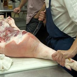 The rear, also known as the fresh ham, can be roasted, cured for prosciutto, or broken down into further cuts for other preparations. If not making prosciutto, remove the trotter and extend its value by deboning, stuffing, and braising or use it to add fl