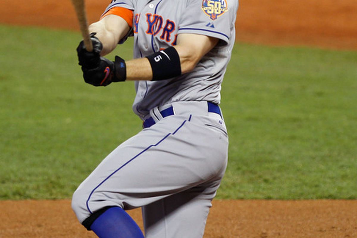 MIAMI, FL - MAY 12:  David Wright #5 of the New York Mets hits during a game against the Miami Marlins at Marlins Park on May 12, 2012 in Miami, Florida.  (Photo by Sarah Glenn/Getty Images)