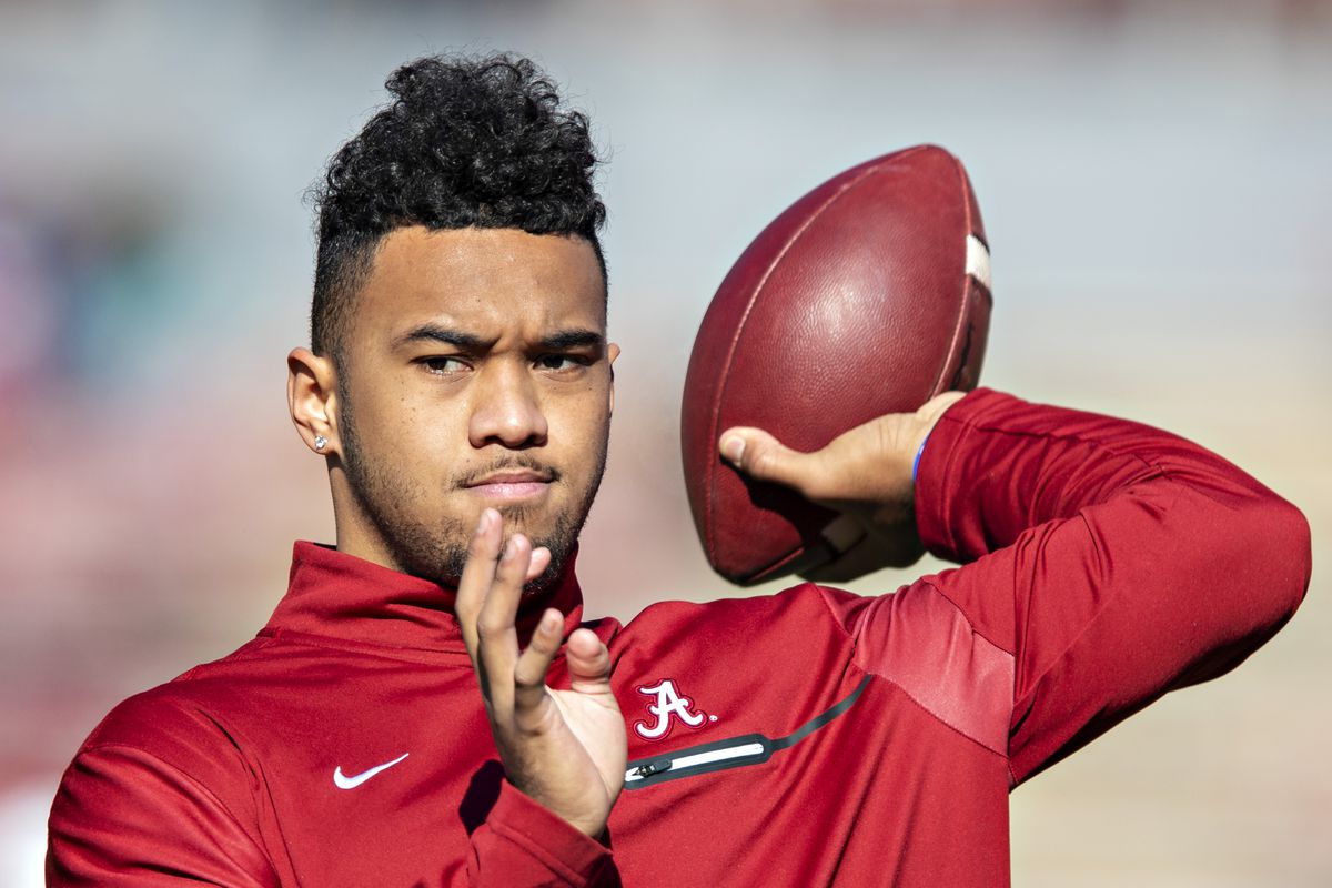 Tua Tagovailoa of the Alabama Crimson Tide warms up before a game against the Mississippi State Bulldogs at Davis Wade Stadium on November 16, 2019 in Starkville, Mississippi.