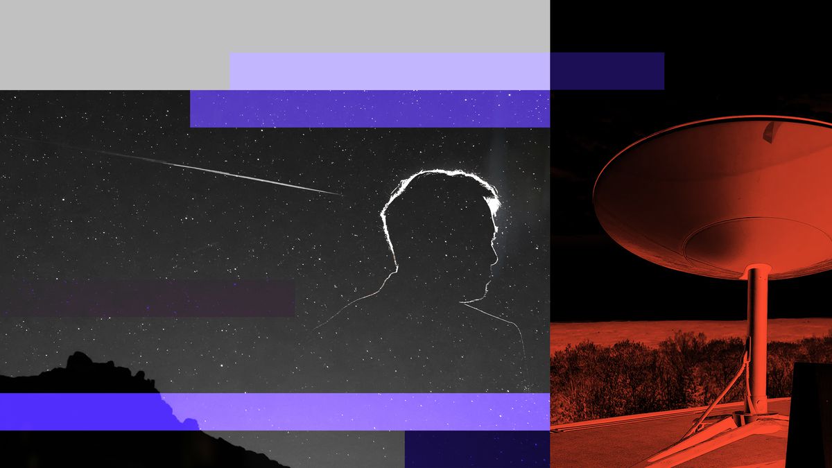 A photo-illustration of Elon Musk in silhouette in front of a night sky with a streak of light and beside a satellite dish.