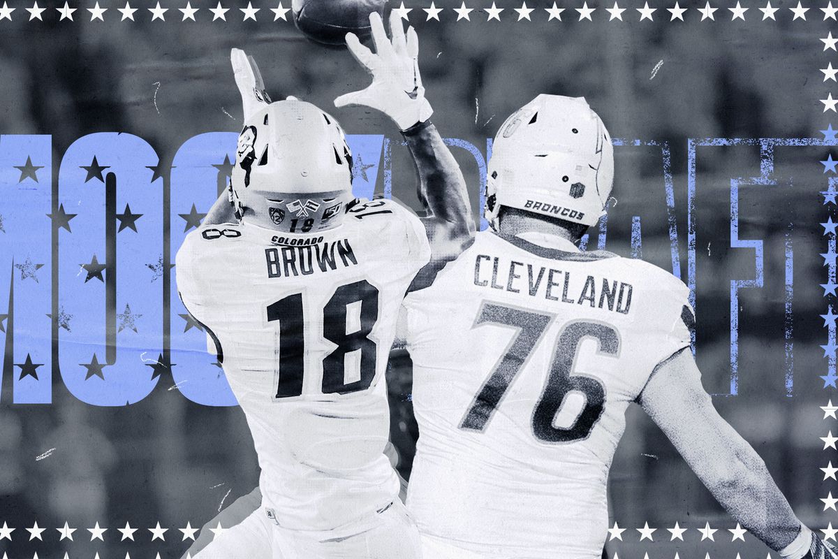 Artwork of NFL prospects Tony Brown (Colorado WR) and Ezra Cleveland (Boise State OT), superimposed on a black background with “mock draft” in blue letters and a white star border