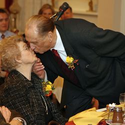 President Thomas S. Monson gives his wife, Frances, a kiss at their 60th wedding anniversary celebration at the Lion House in Salt Lake City on Oct. 6, 2008.