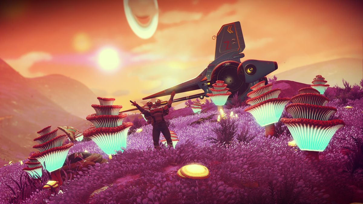 An astronaut raises its arms in a field of glowing fungus in a screenshot from No Man’s Sky: Origins.