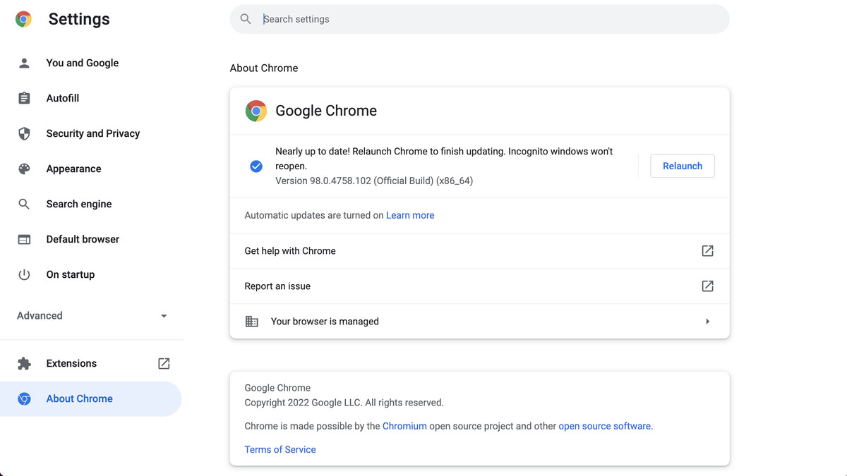If you need to relaunch in order to update Chrome, there will be a Relaunch button.