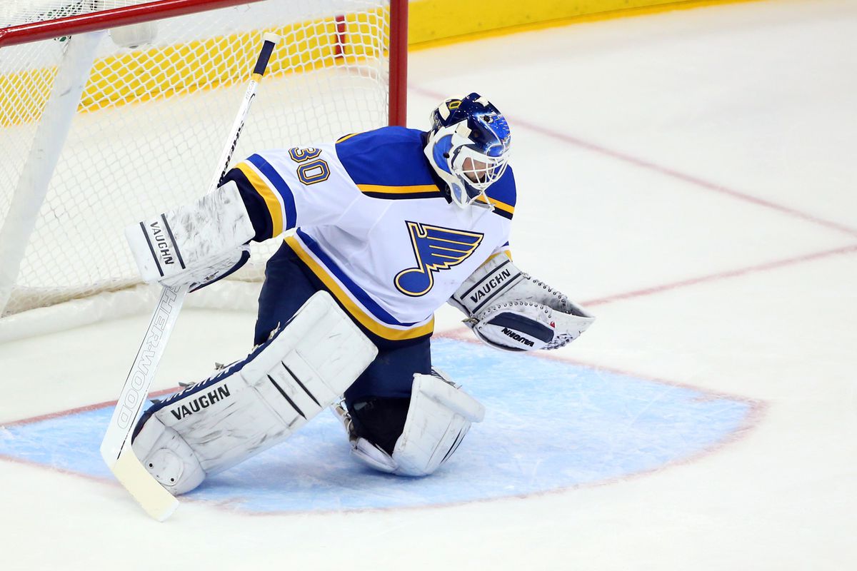 You can see Martin Brodeur's awkward one knee down stance that he often employed when he was playing for the Blues. 
