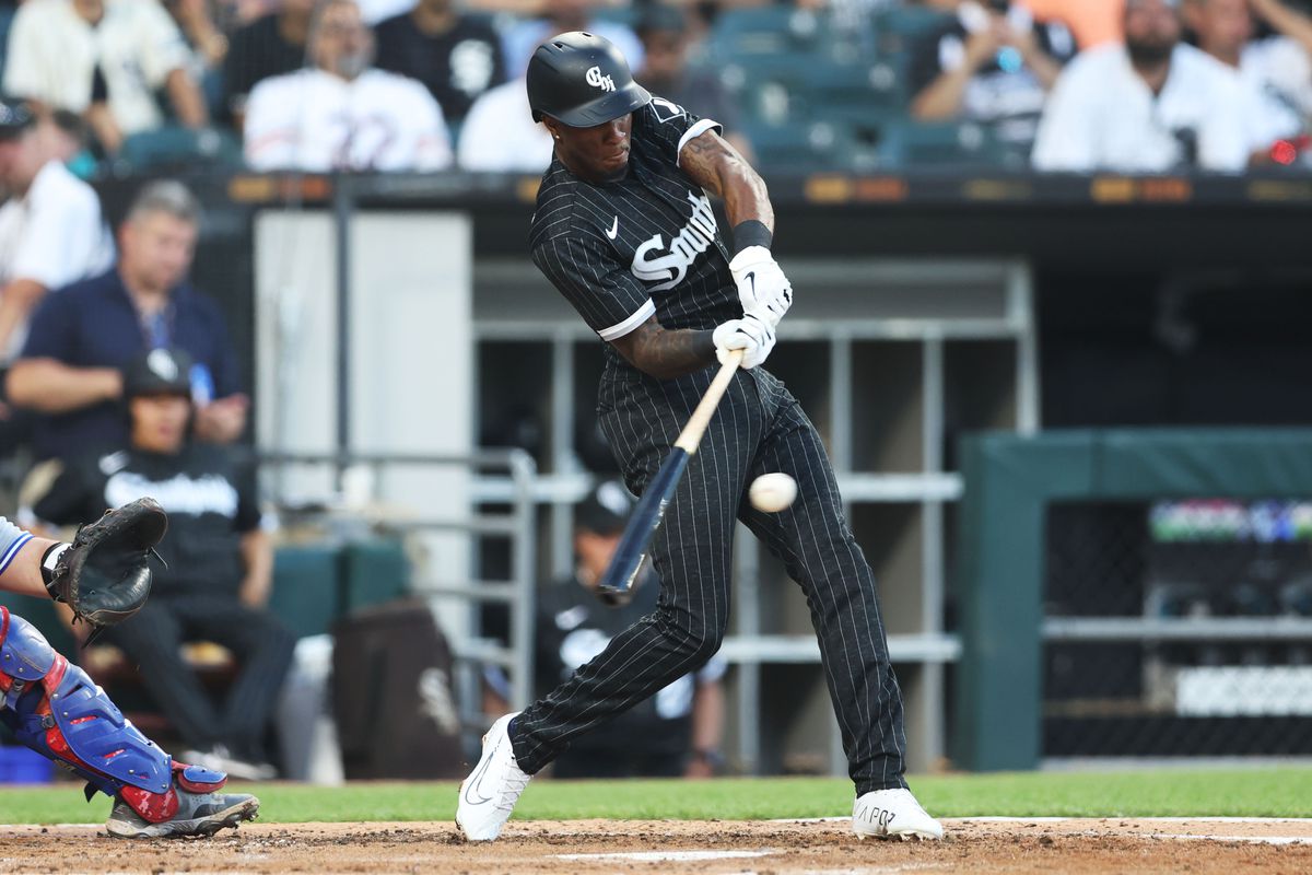 Tim Anderson #7 of the Chicago White Sox singles to center in the third inning during the game between the Toronto Blue Jays and the Chicago White Sox at Guaranteed Rate Field