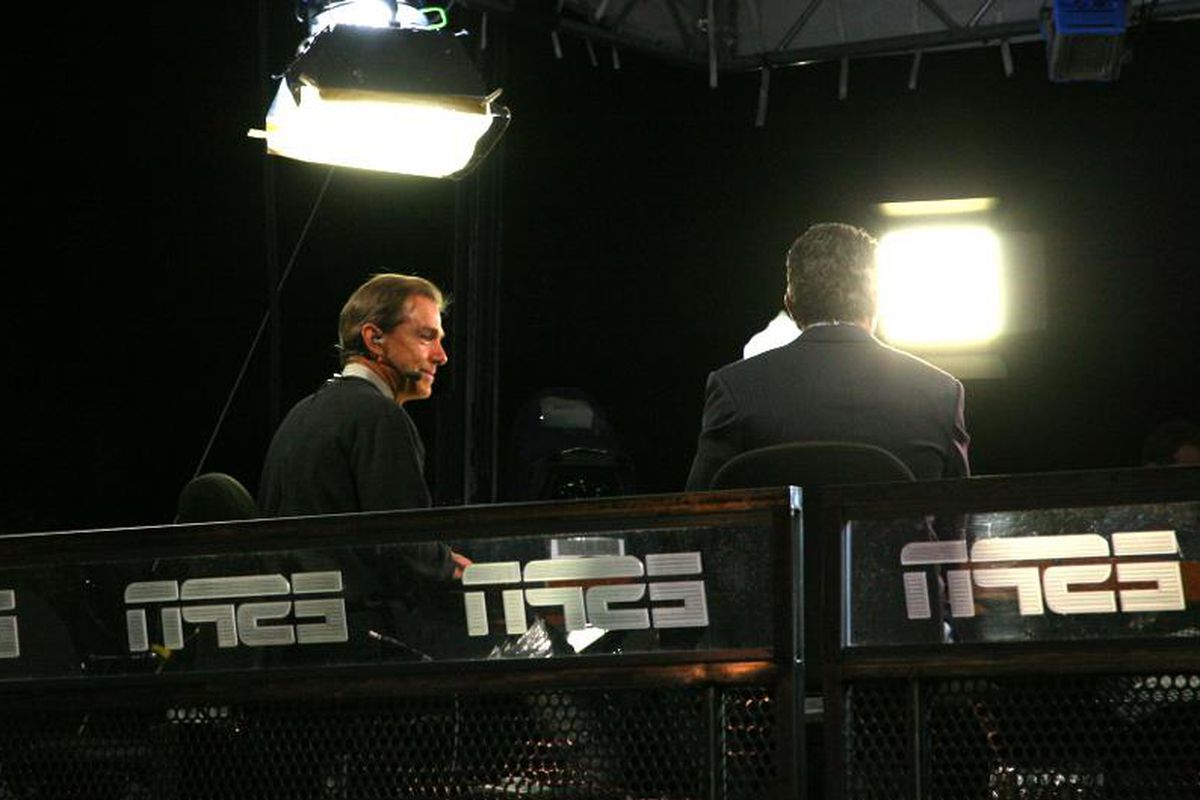 Nick Saban on the set of ESPN College GameDay.  More pictures of the festivities in Tuscaloosa can be found at <a href="http://www.facebook.com/rollbamaroll" target="new">Roll Bama Roll's Facebook Page</a>.