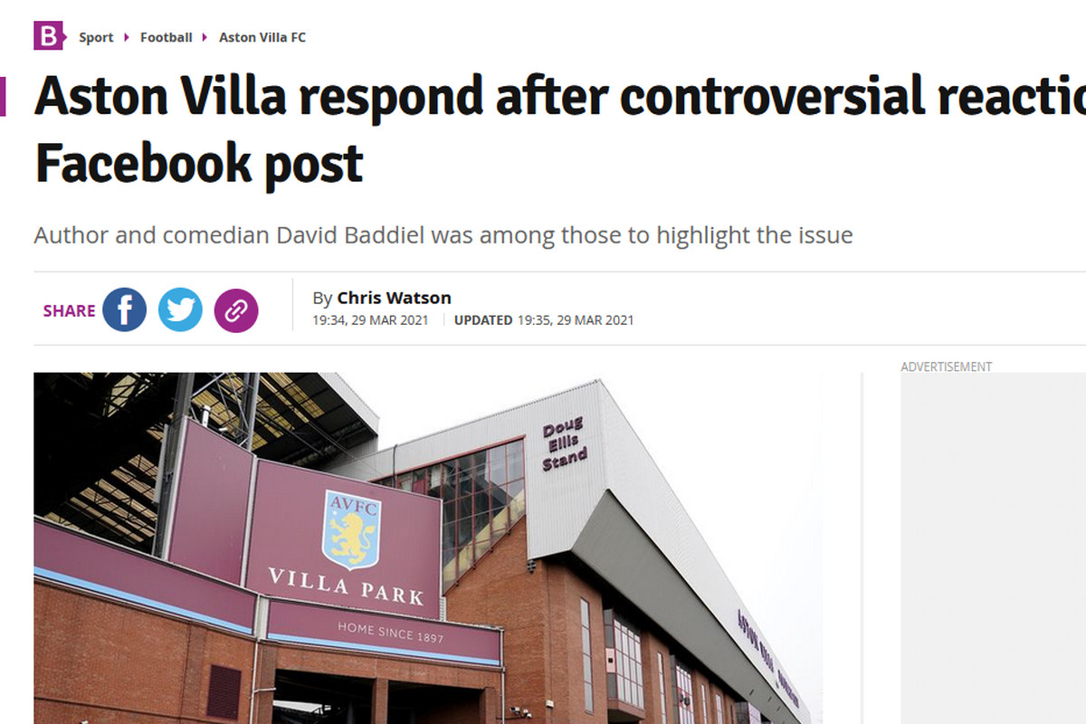 Screenshot: Aston Villa respond after controversial reaction to Facebook post 