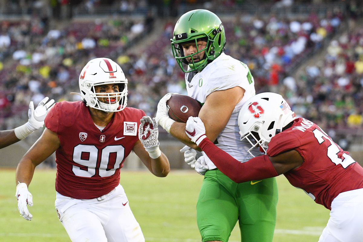 Oregon Jacob Breeland runs threw a tackle during a college football game between the Oregon Ducks and the Stanford Cardinal on September 21, 2019, at Stanford Stadium in Palo Alto, CA.