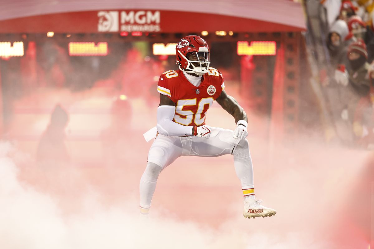 Willie Gay #50 of the Kansas City Chiefs reacts as he takes the field prior to the AFC Championship NFL football game between the Kansas City Chiefs and the Cincinnati Bengals at GEHA Field at Arrowhead Stadium on January 29, 2023 in Kansas City, Missouri.