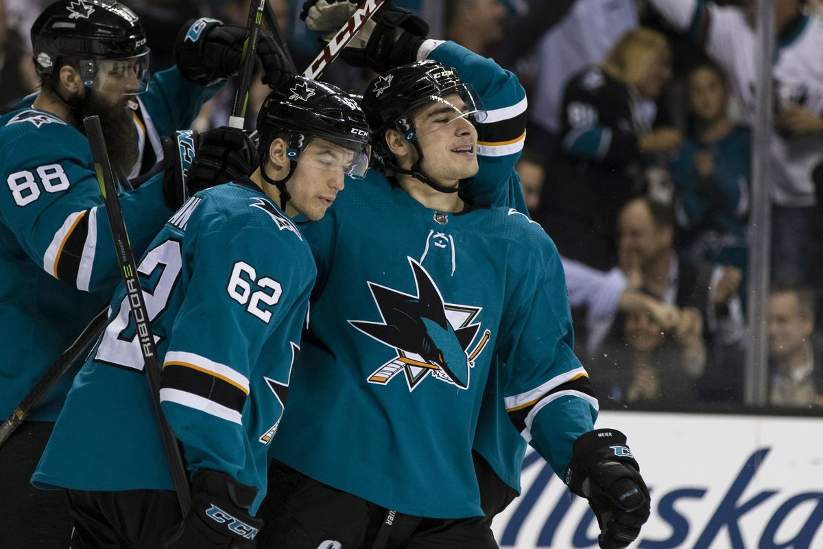 Feb 27, 2018; San Jose, CA, USA; San Jose Sharks right wing Timo Meier (28) celebrates with San Jose Sharks right wing Kevin Labanc (62) after scoring goal against the Edmonton Oilers in the second period at SAP Center at San Jose.