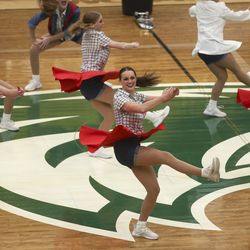 Members of the San Juan High School drill team perform in the show category during the 3A drill team state championships at the UVUU Center in Orem on Wednesday, Feb. 10, 2021.
