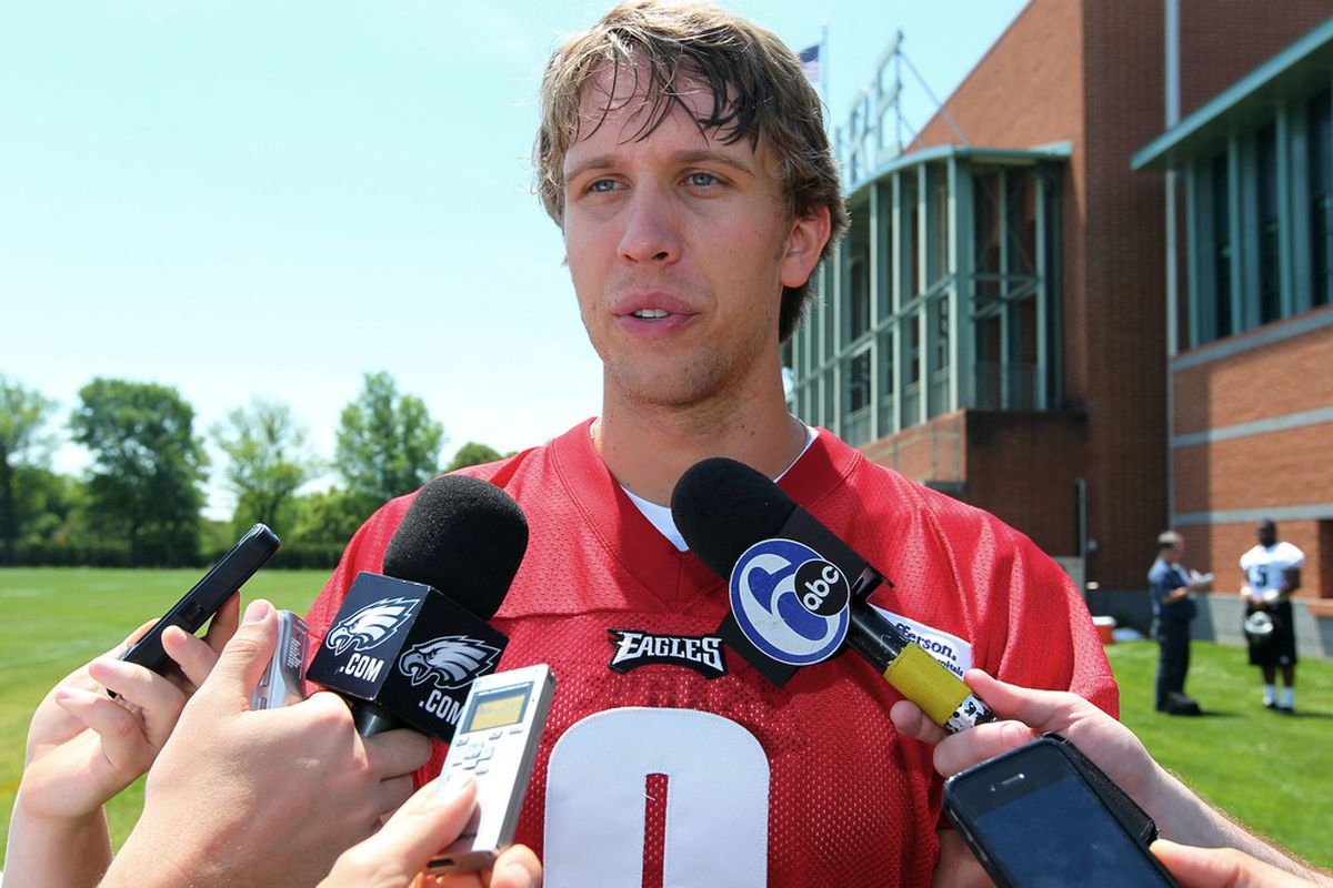 PHILADELPHIA, PA - MAY 12: Nick Foles #9 of the Philadelphia Eagles is interviewed after practice during rookie mini-camp at their practice facility on May 12, 2012 in Philadelphia, Pennsylvania. (Photo by Rich Schultz /Getty Images)